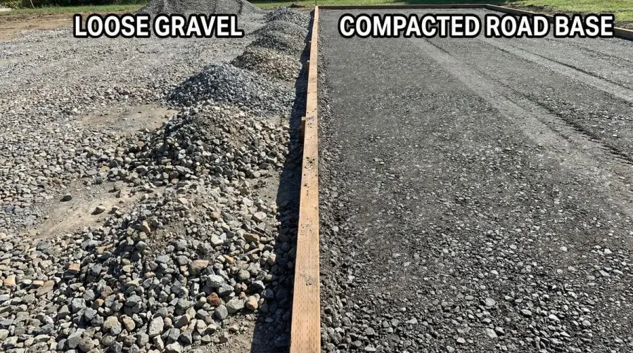 side-by-side comparison of loose gravel and compacted road base material showing texture differences