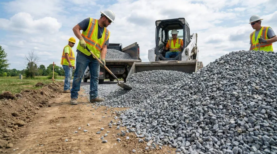 Medium gravel being used for driveway construction