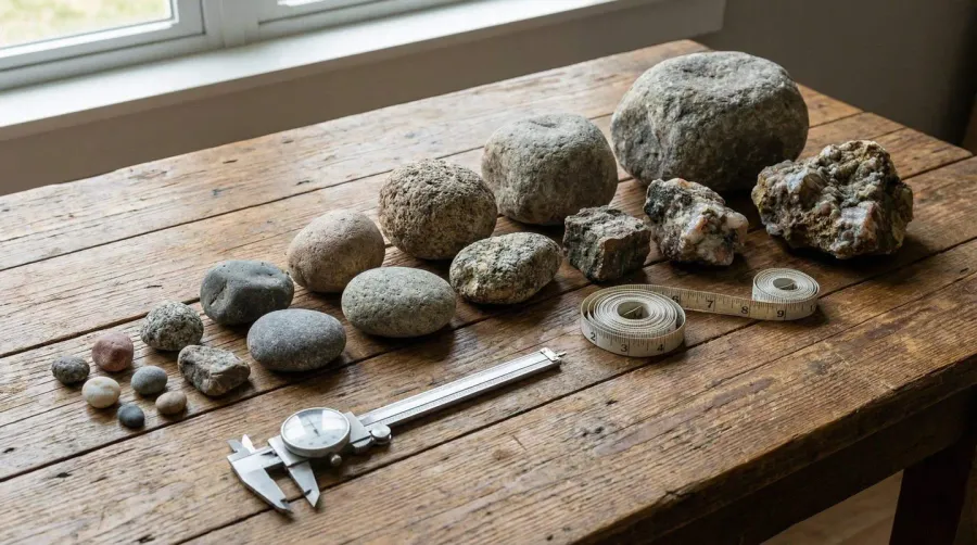 Rock measurement tools and classification showing different sizes