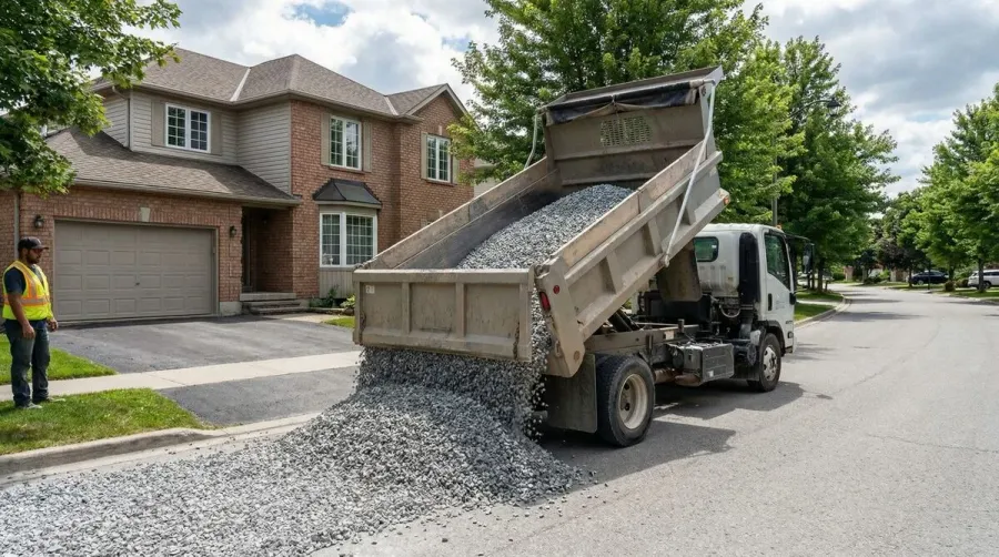 Limestone delivery truck at residential driveway