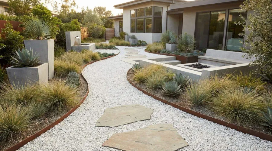 White pea gravel landscaping pathway with modern garden design