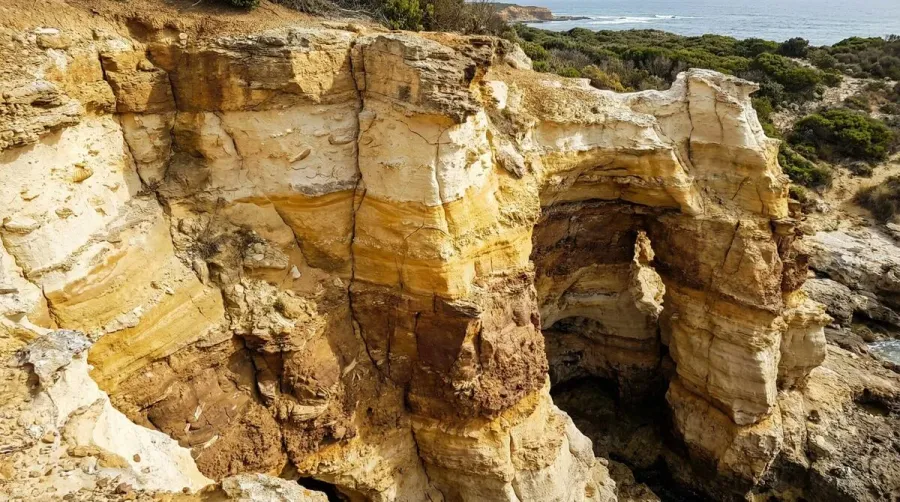 Natural limestone formation displaying various colors from creamy white to warm yellow and rich brown