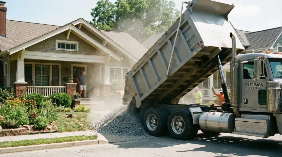 Gravel delivery truck unloading materials at residential property