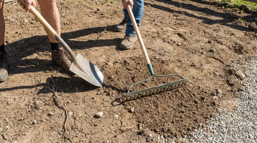 step-by-step gravel installation process showing ground preparation and edging installation