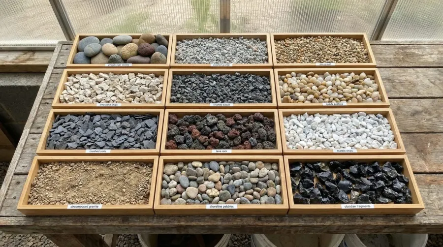 Different types of gravel samples displayed in organized rows