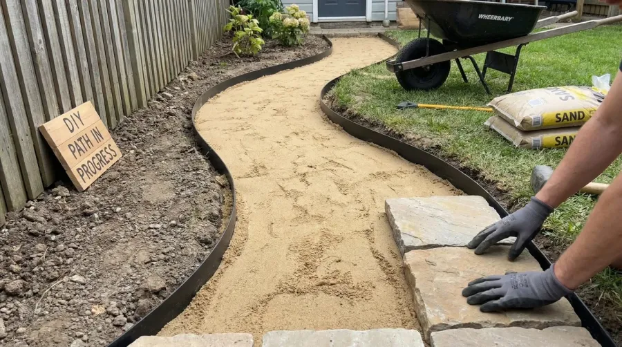 Sand path installation process showing edging and base preparation