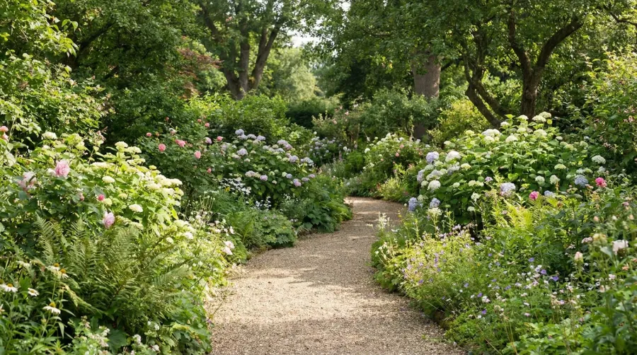 Beautiful gravel path winding through garden landscape