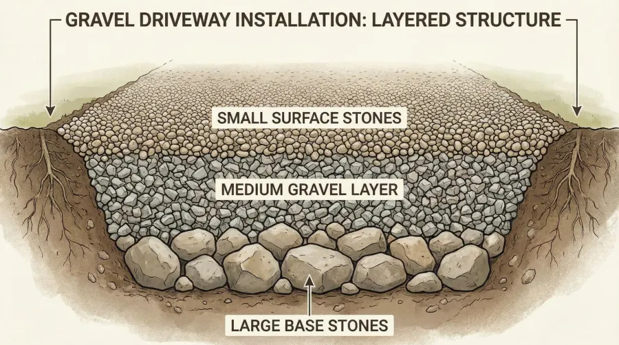 Cross-section diagram showing the three-layer system of a properly installed gravel driveway with base, middle, and surface layers
