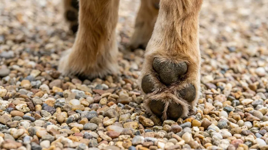 Close-up of dog paws walking comfortably on pea gravel surface