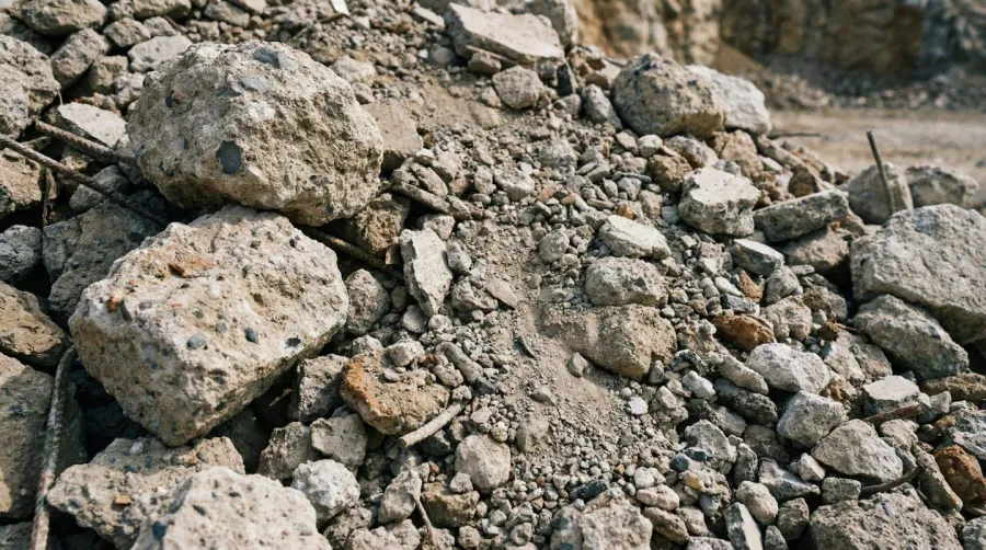 Close-up view of crushed concrete aggregate showing various sizes and textures
