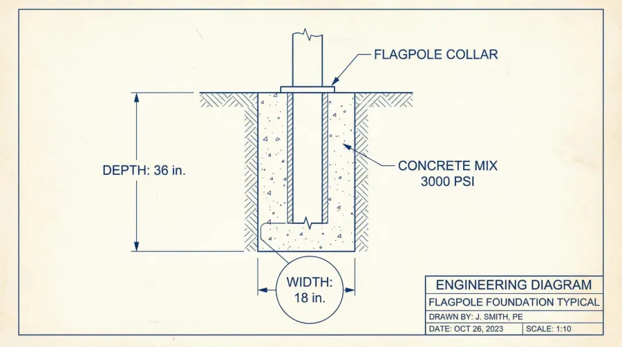 Technical diagram showing flagpole foundation measurements, depth and width dimensions