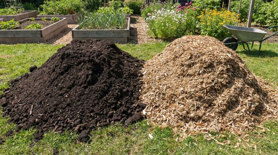 Soil pile and mulch comparison in garden setting