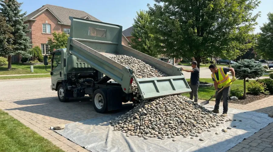 Bulk stone delivery truck at residential driveway