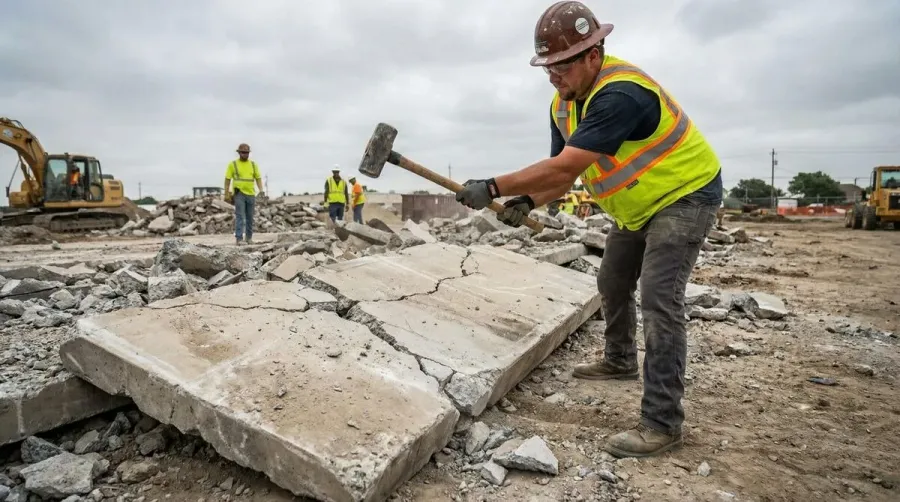Person using sledgehammer to break concrete slab, manual demolition work