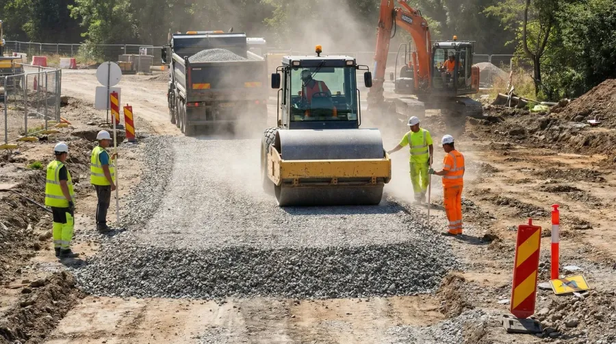 Construction site showing proper aggregate base installation with compaction equipment