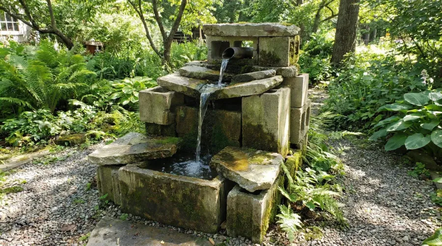 Artistic water feature made from repurposed concrete chunks