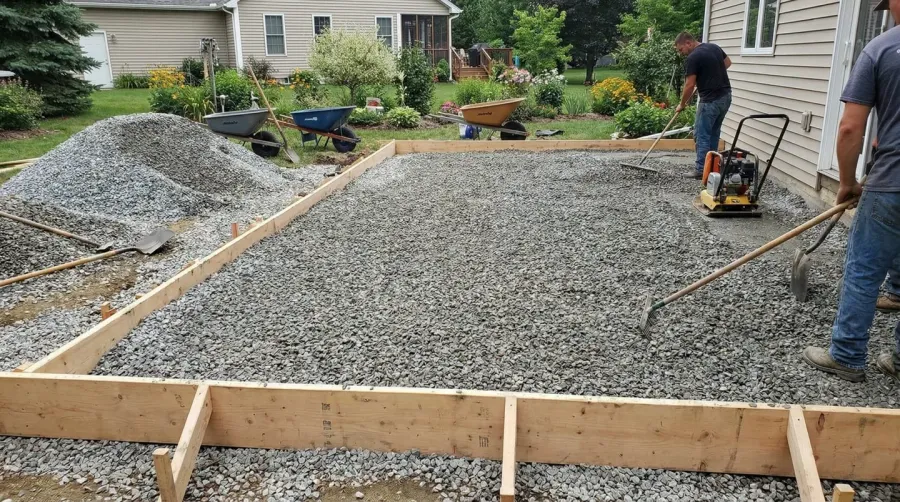 Gravel sub-base being installed for deck foundation, showing crushed gravel layer