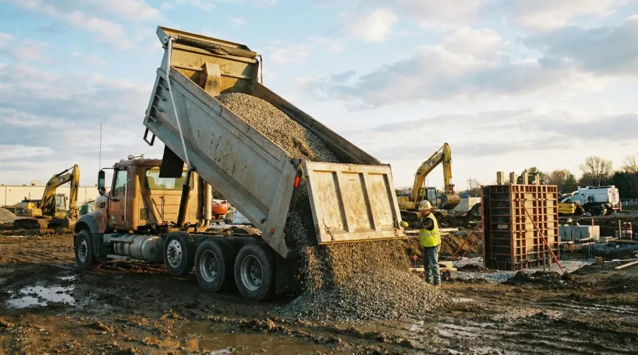 Dump truck delivering gravel to construction site