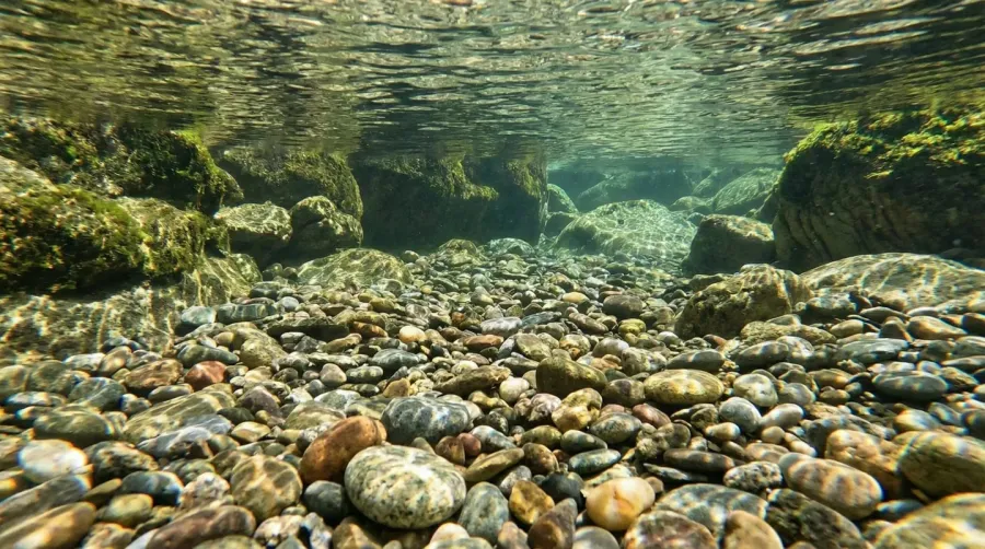 Natural river pebbles formation process showing smooth stones