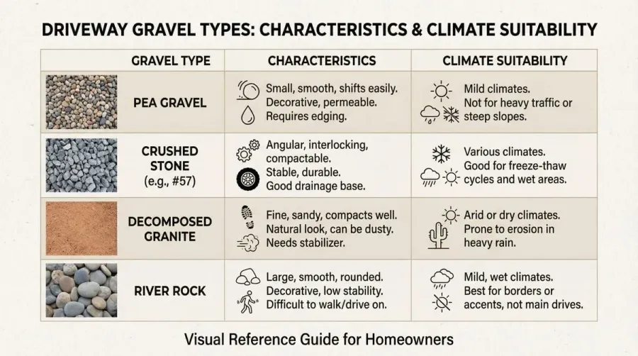 Comparison table of gravel types and climate suitability