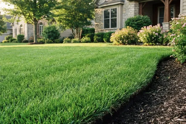 Lush green lawn beside a mulched foundation bed in front of a stone-front house
