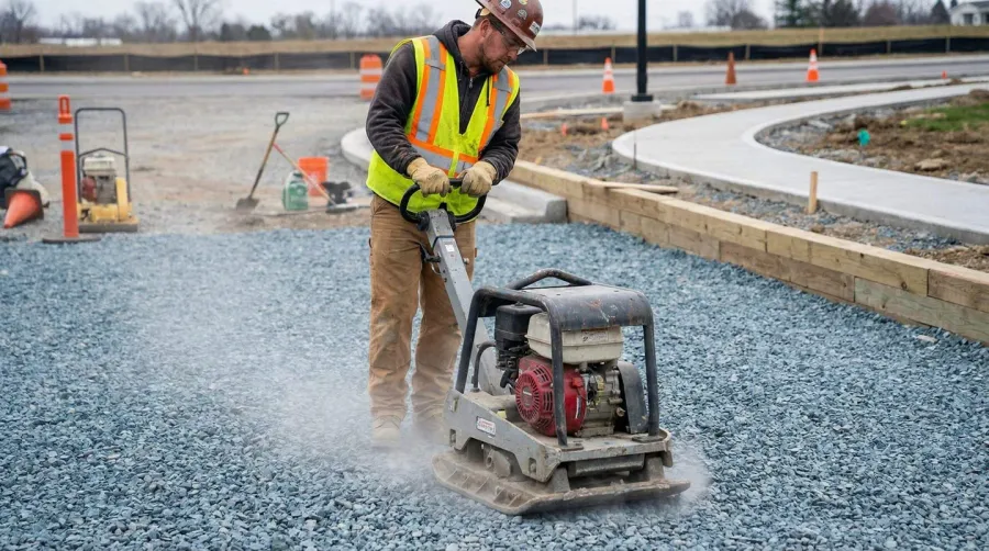 Blue gravel stone installation compaction process