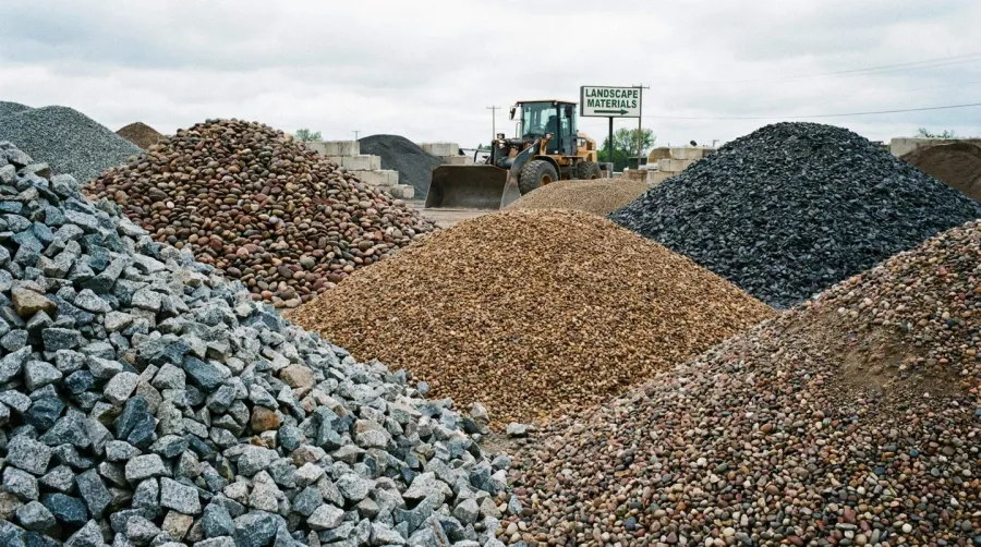 Various types of gravel displayed in bulk piles showing different textures and colors
