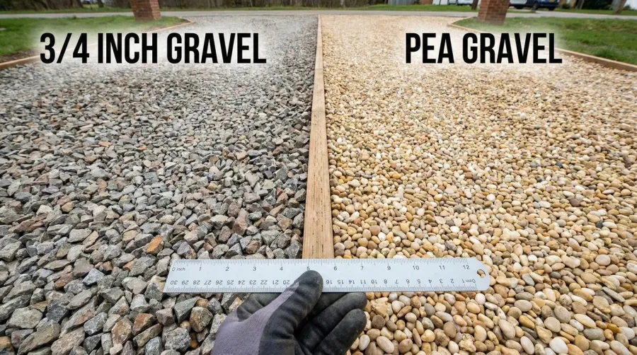 side-by-side comparison of 3/4 inch gravel and pea gravel in driveways showing texture and size differences