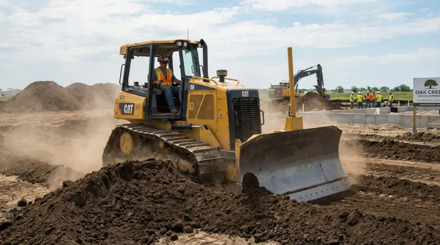 Construction worker spreading and leveling fill dirt with equipment