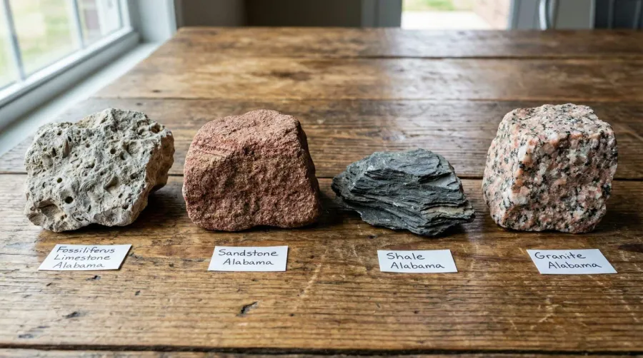 Close-up comparison of Alabama rock types showing limestone, sandstone, shale, and granite specimens with distinct textures and colors