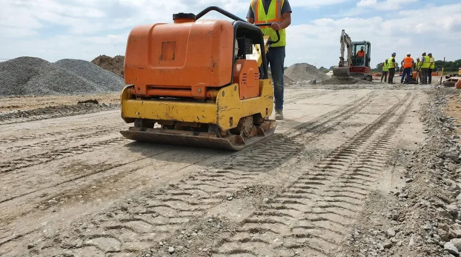Plate Compactor Working On Crushed Concrete Layers