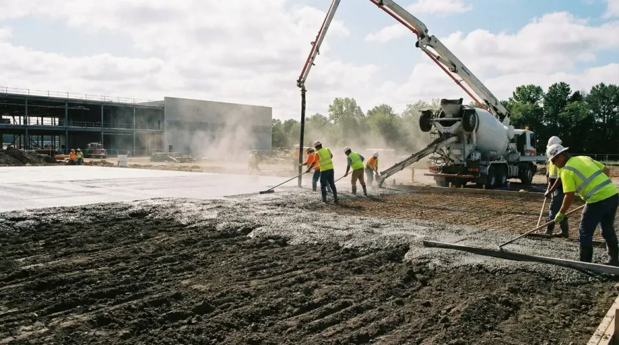 concrete slab being poured over compacted fill dirt foundation