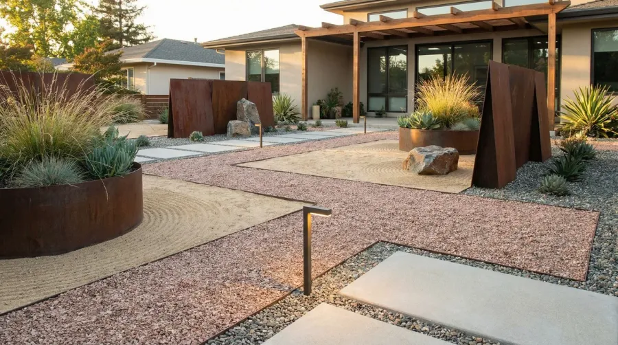 Modern sand and gravel landscape design with pathways and decorative elements