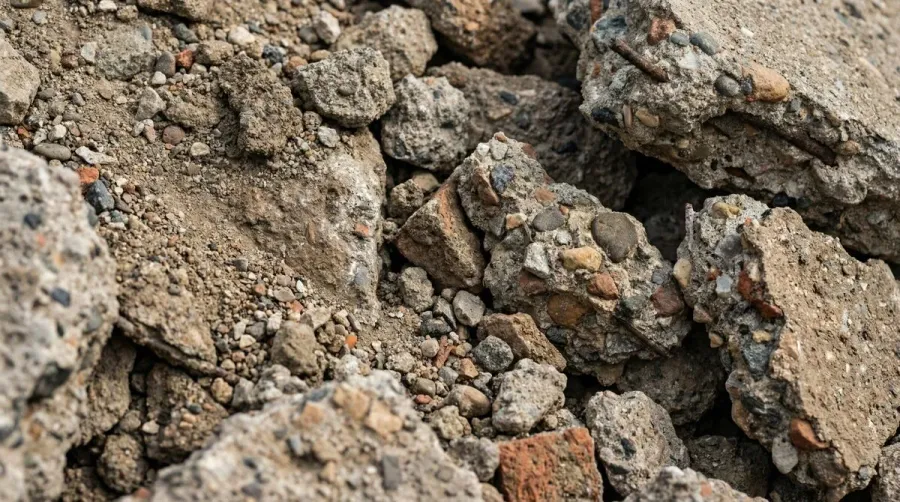 Close-up texture of crushed concrete showing various particle sizes