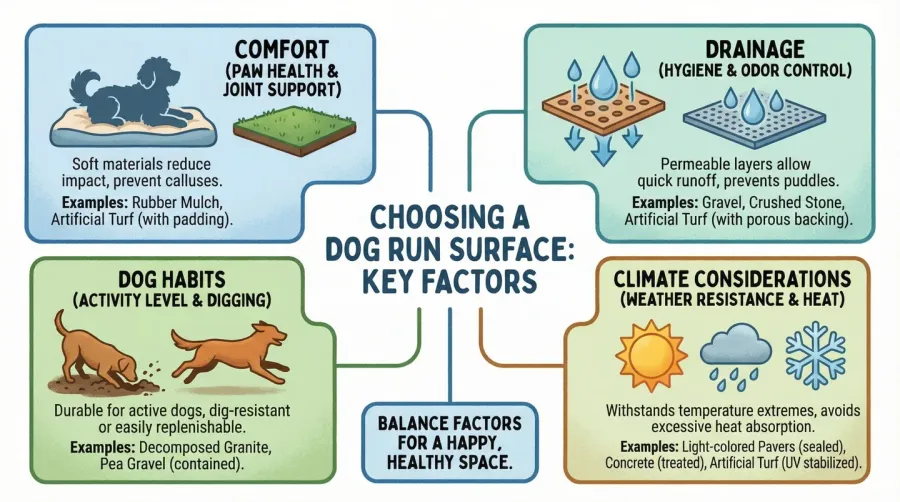 Infographic showing factors to consider when choosing dog run surface