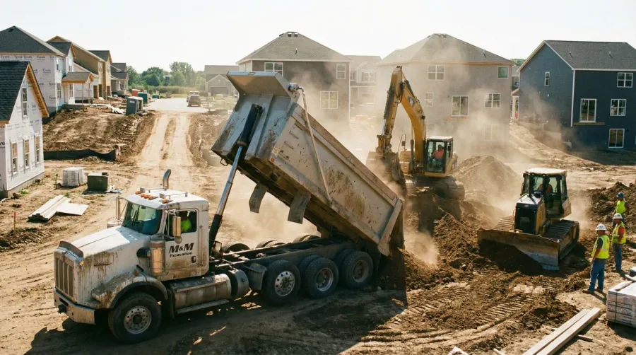 Dump truck delivering fill dirt to construction site