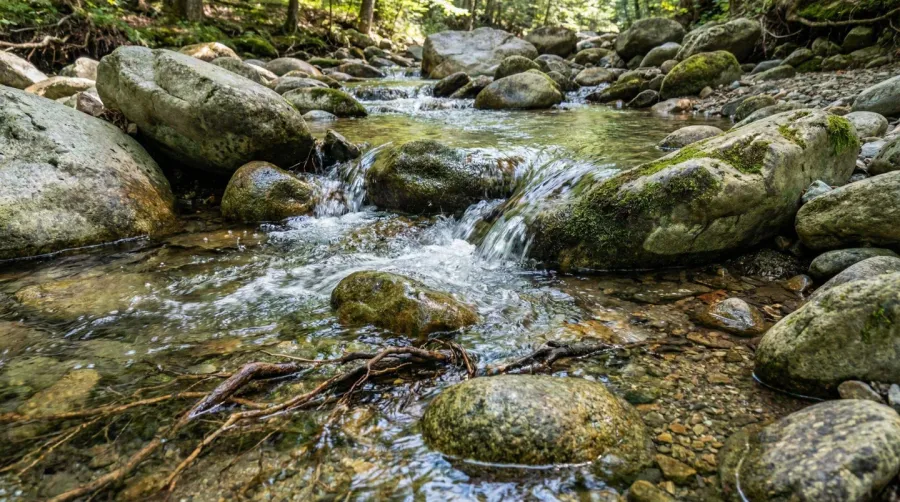 Water flowing over river rocks demonstrating erosion prevention