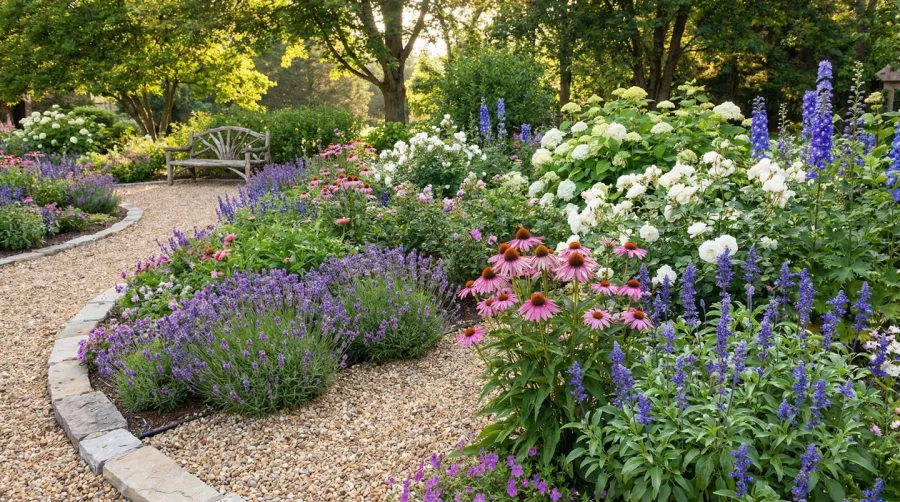 Beautiful landscaped garden bed with pea gravel mulch around flowering plants