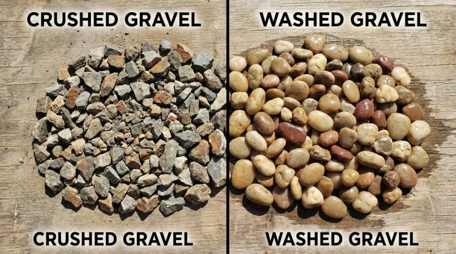 Side-by-side comparison of crushed gravel and washed gravel showing texture differences