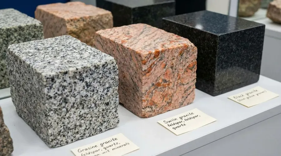 Different granite rock types colors and textures
