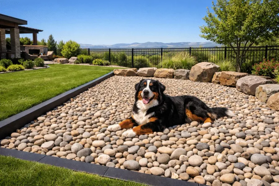 Dog laying in a river rock play area