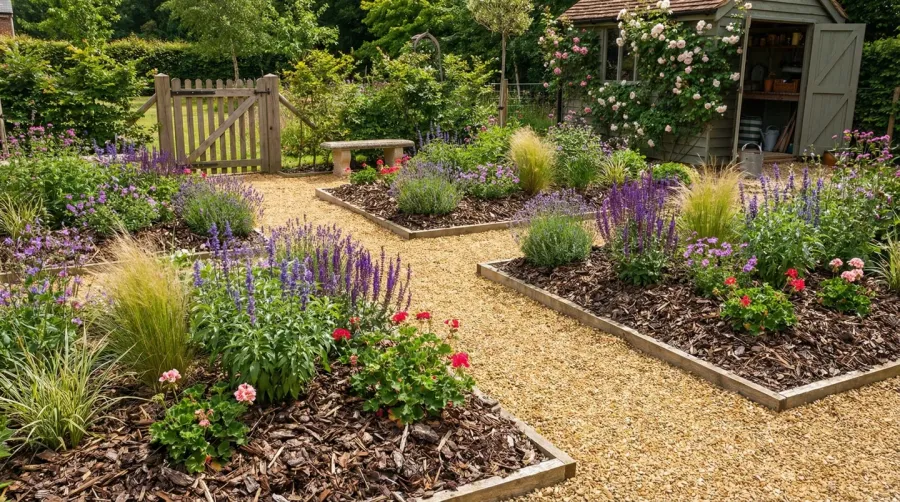 Well maintained garden showing both gravel mulch pathways and traditional mulch plant beds