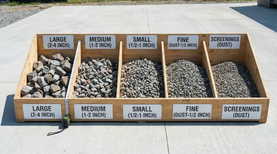 Visual comparison chart of different quarry stone grades showing size variations