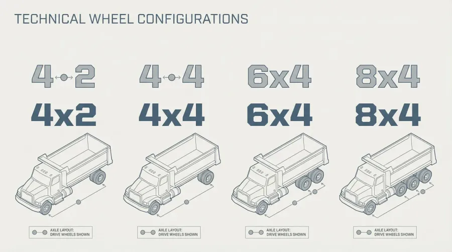 Diagram showing different dump truck wheel configurations