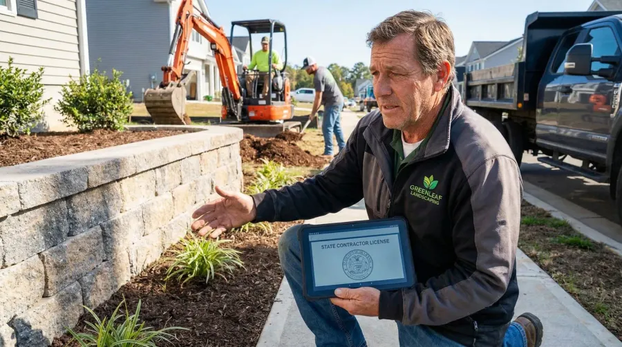 Professional landscaper checking license documentation on tablet at job site
