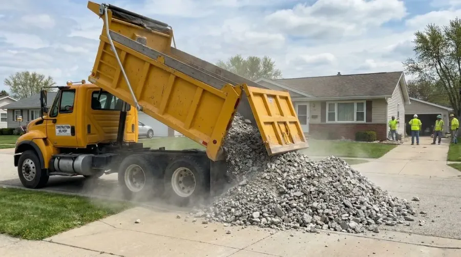 Dump truck delivering bulk aggregate materials to residential property