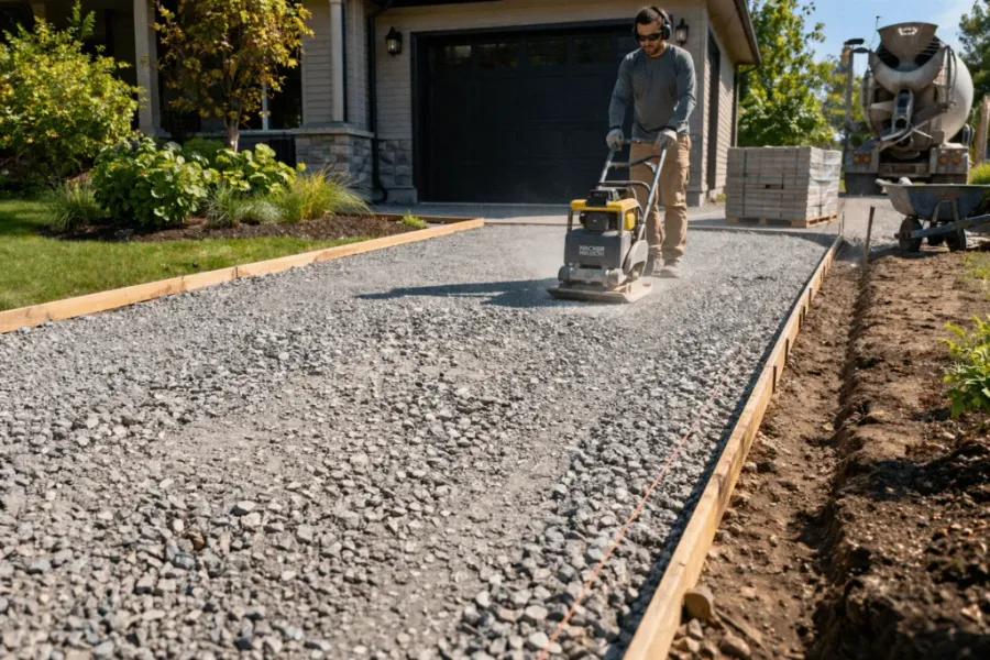 Work on a driveway using recycled concrete as material