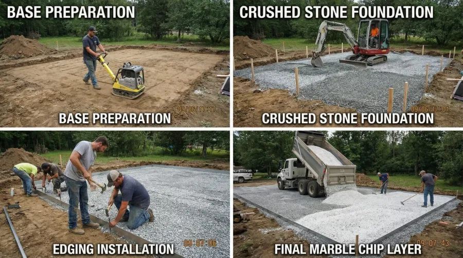 Marble chip driveway installation showing base preparation process
