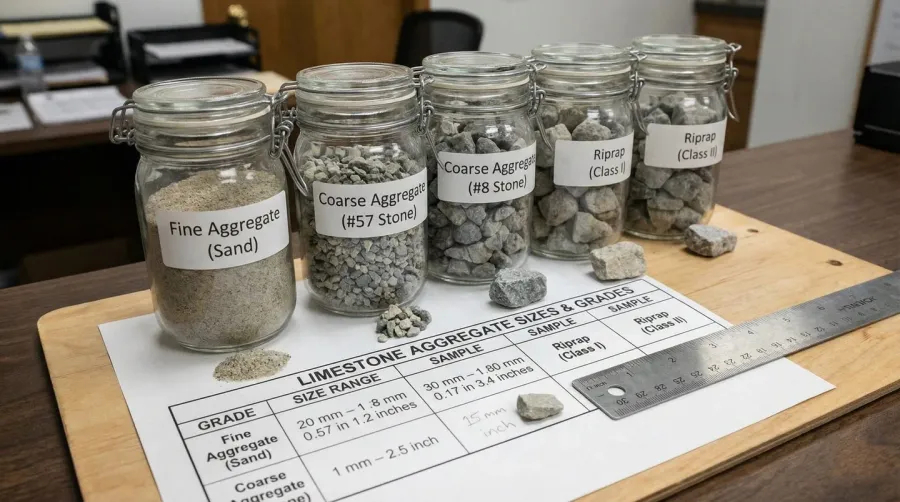 Limestone aggregate sizes comparison chart showing different grades