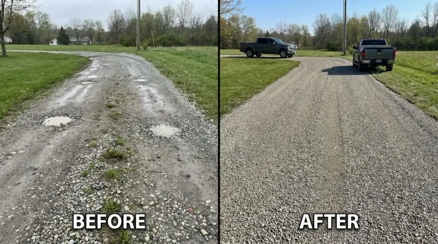 Gravel driveway before and after leveling comparison